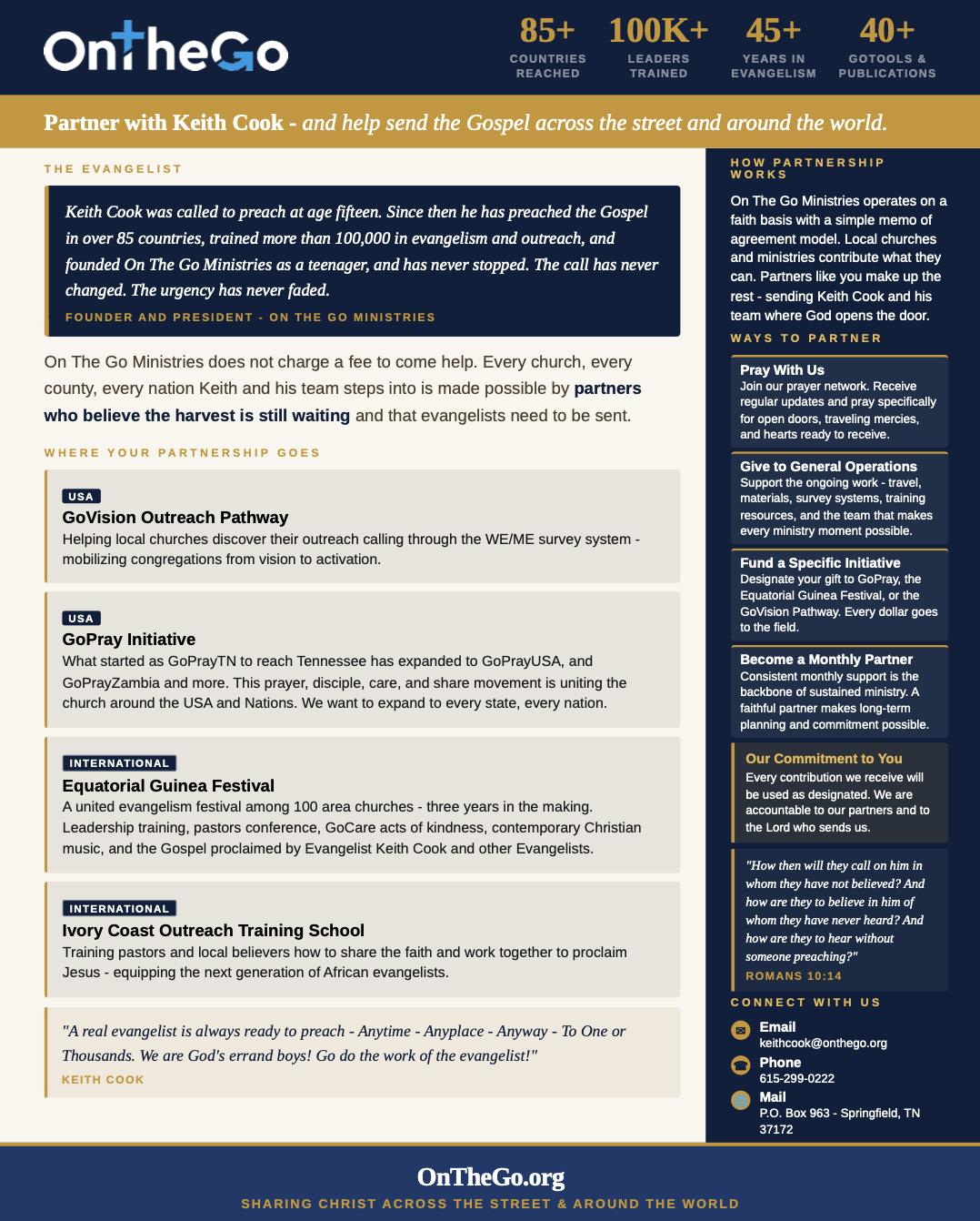 On The Go Ministries Summer Impact Brief 2026 On The Go Ministries Summer 2026 Impact Brief highlighting Keith Cook's evangelism ministry, partnership opportunities, and outreach initiatives across the USA and internationally.